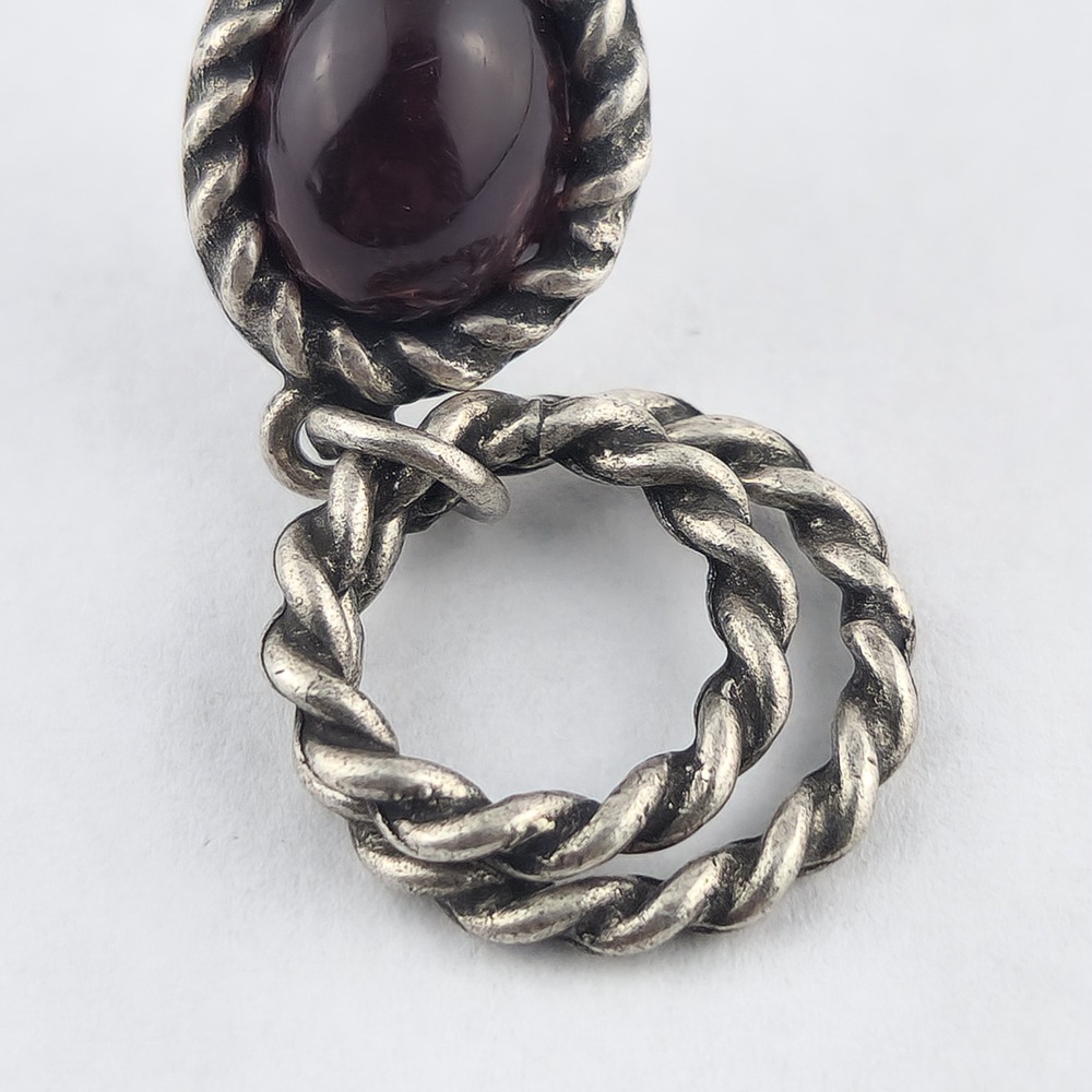 Vintage Silver Tone Red Cabochon Twisted Rope Double Hoop Drop Earrings - Picture 5 of 7